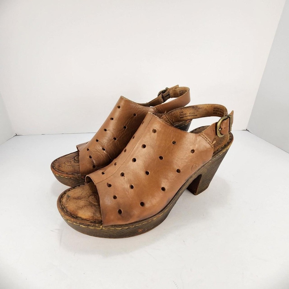 Born Women's Size 10M Brown Leather Perforated Slingback Platform Heeled Sandals